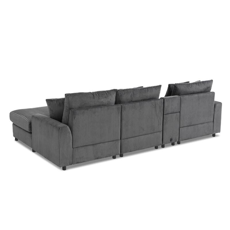 Modular Corduroy Sectional Sofa with Bluetooth Speakers, Charging Ports, Cup Holders, Storage and Ottoman for Living Room