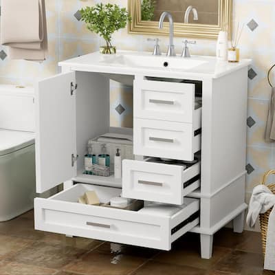 Single Sink Bathroom Vanity 30" Bathroom Cabinet with Sink Combo Set, Modern Bathroom Storage Cabinet with 3 Drawers, White