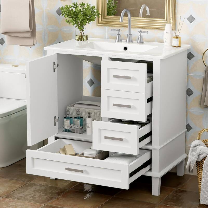 White 30" Bathroom Vanity Storage Cabinet w/ Ceramic Sink Combo Set - White