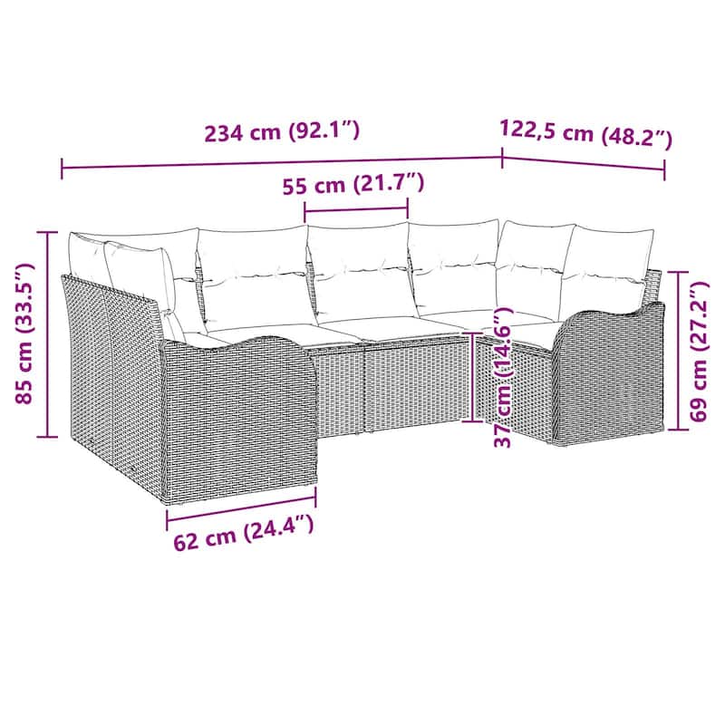 vidaXL 6 Garden Sofa Set with Cushions Black Poly Rattan - 92.1 x 48.2 x 27.2