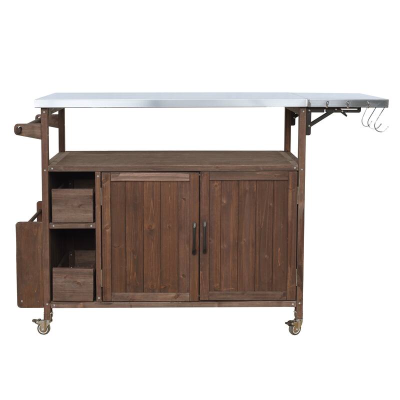 Christopher Knight Home - 54.33" Solid Wood Mobile Outdoor Kitchen Cart with Stainless Steel Top & Spice Rack & Lockable Wheels