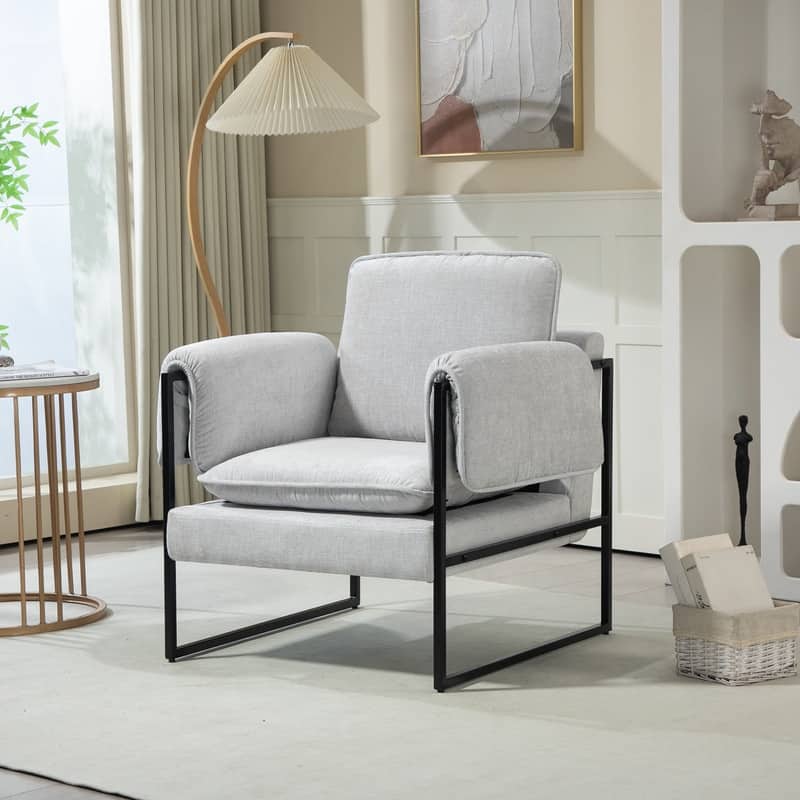 XINMICS Mid-Century Modern Accent Chair, Upholstered Armchair with Armrests and Metal Frame for Living Room, Bedroom - Grey