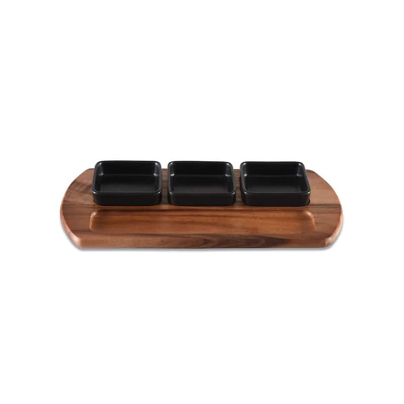 Charcuterie/ Serving Tray w/ 3 black square ceramic bowls - 4 Piece