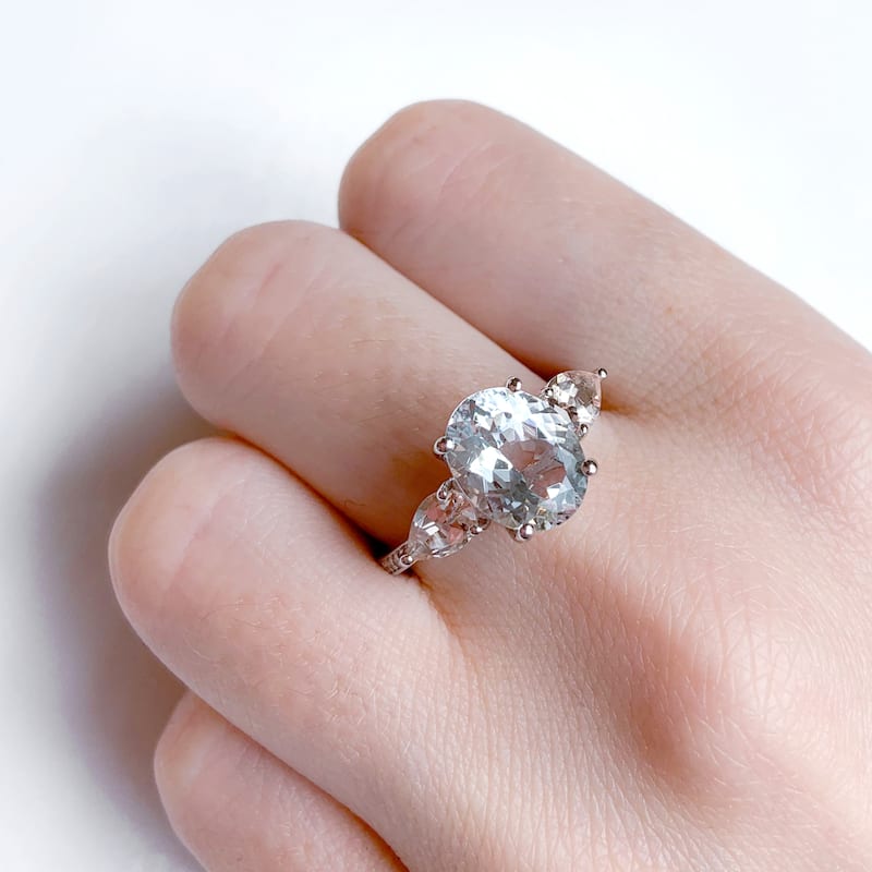 Multi-Cut Ice Aquamarine Morganite and Diamond 3-Stone Ring in Sterling Silver by Miadora