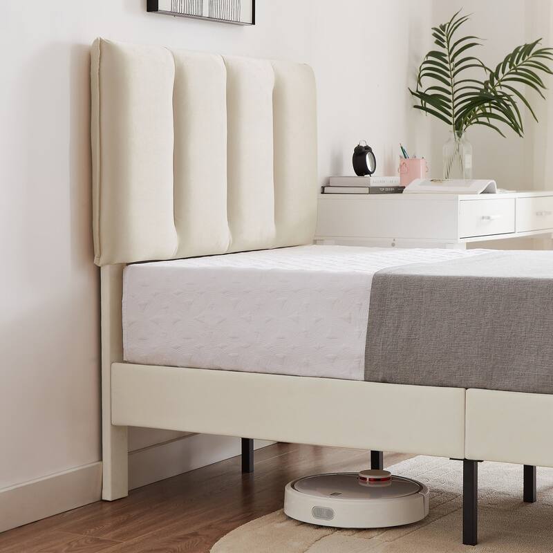 VECELO 3-Pieces Tufted Upholstered Beige Platform Bed Frame with Adjustable Height Headboard and Nightstands Set of 2