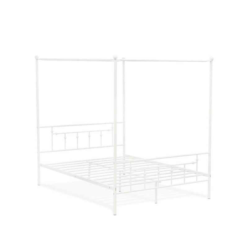 Queen Bed Frame Canopy Metal - White Powder Coated Bed with Headboard Footboard - Modern Bedroom Furniture