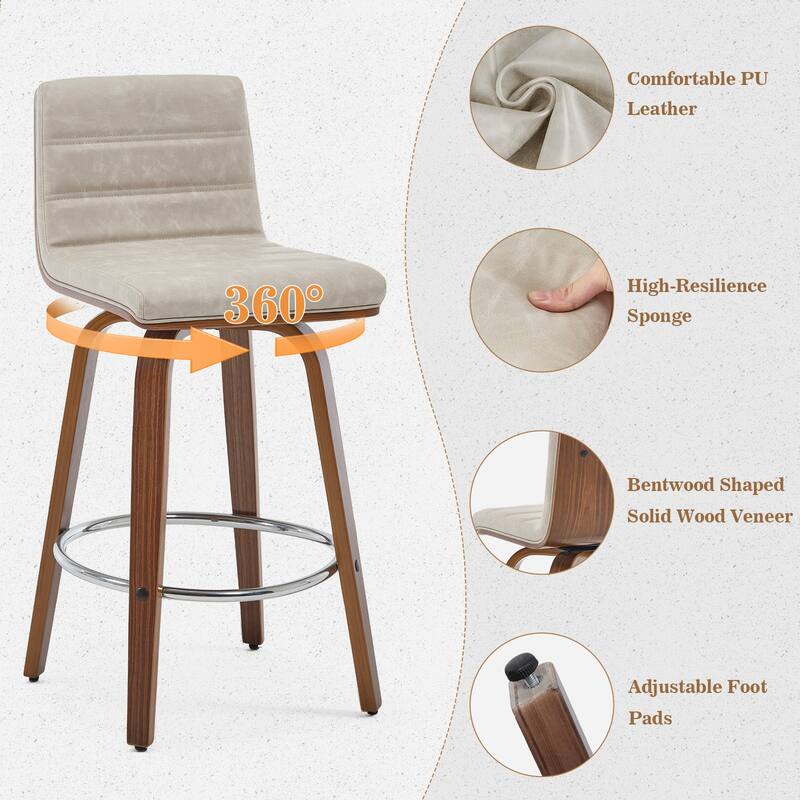 Modern Leather Upholstered Swivel Counter/Bar Stools, Set of 2
