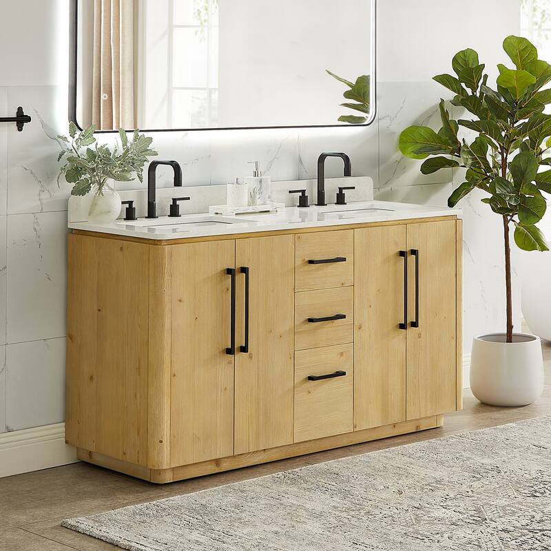 Serene Bathroom Vanity in Nature Brown with Grain White Engineered Stone Countertop without Mirror - 60 inch