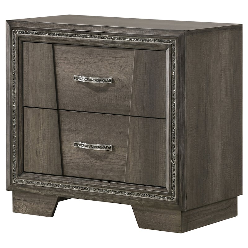 Grey Oak 2-Drawer Nightstand with Glitter Frame Strips, Shimmering Pulls, Felt Lined Top Drawer Storage