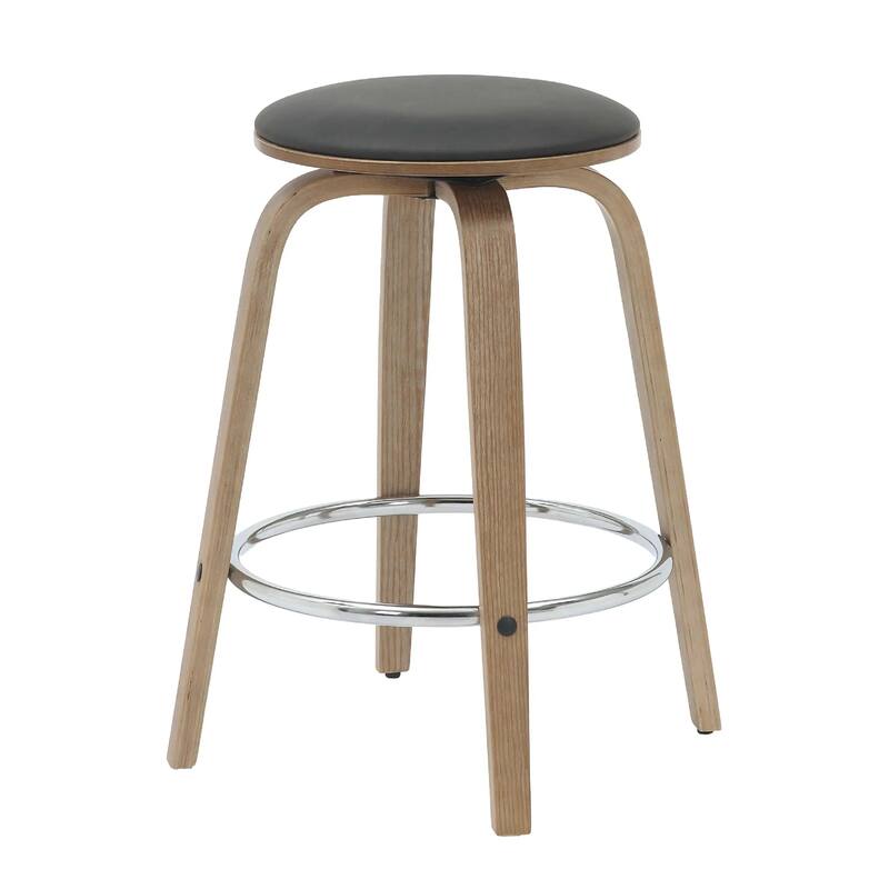 Pelya Leather Swivel Round Counter Stool with Wood Legs and Chrome Footrest for Kitchen Island or Dining Area Set of 2