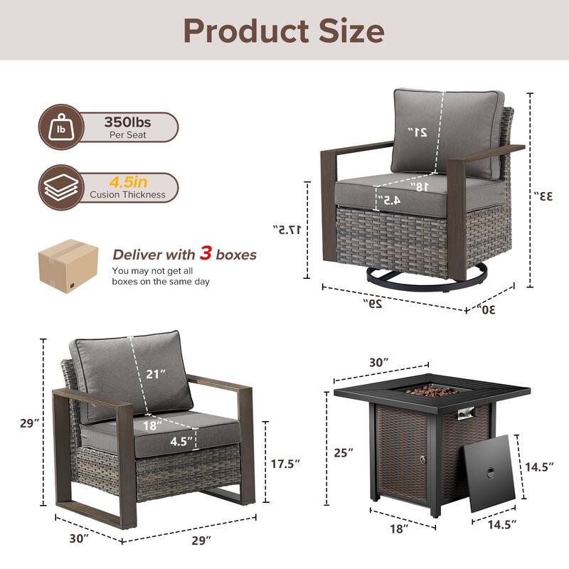 Meyreso 5-Piece Wicker Patio Conversation Set with Metal Fire Pit & Plush 4.5" Olefin Cushions