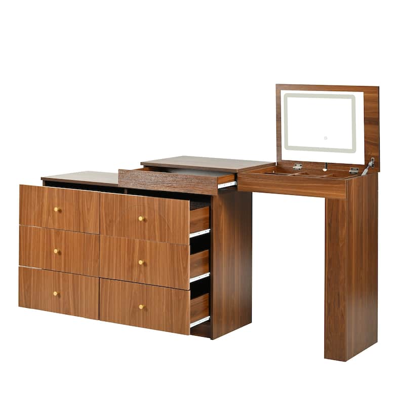 Vanity Desk with Mirror and Lights, Makeup Vanity Table with Flip-Top Tabletop and Storage 7 Drawers