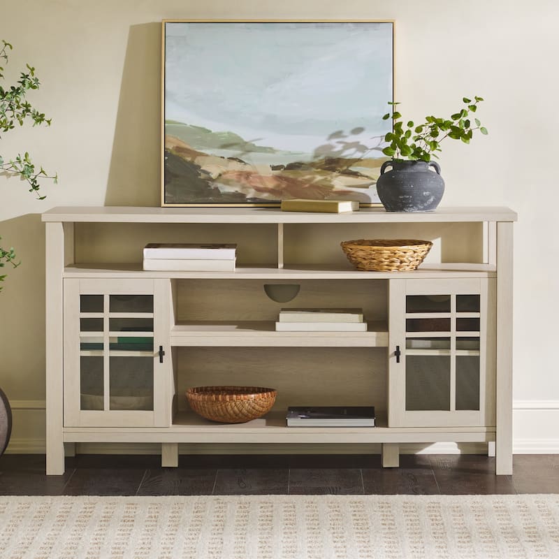 Transitional 58" 2-Door Sideboard with Windowpane Design for Living Room, Bedroom and Office, Ivory Oak