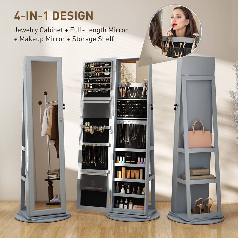 Full-Length Mirror Jewelry Cabinet Rotating Base With Storage - 21.7" W x 21.7" D x 63.4" H