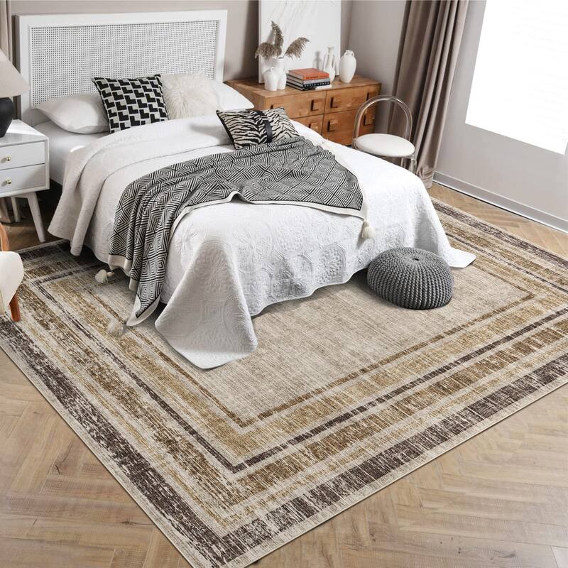 Washable Area Rugs for Living Room, Soft Modern Bordered Rug Non Slip Low Profile Carpets for Bedroom Dining Room - Brown - 9' x 12'