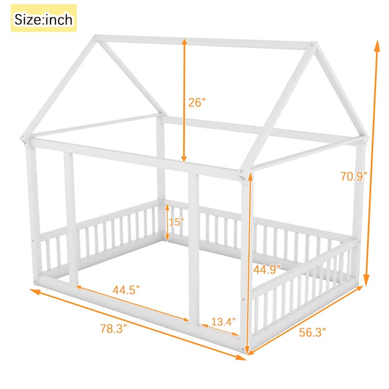Pine Wood Floor Bed with House Roof Frame and Safety Guardrails