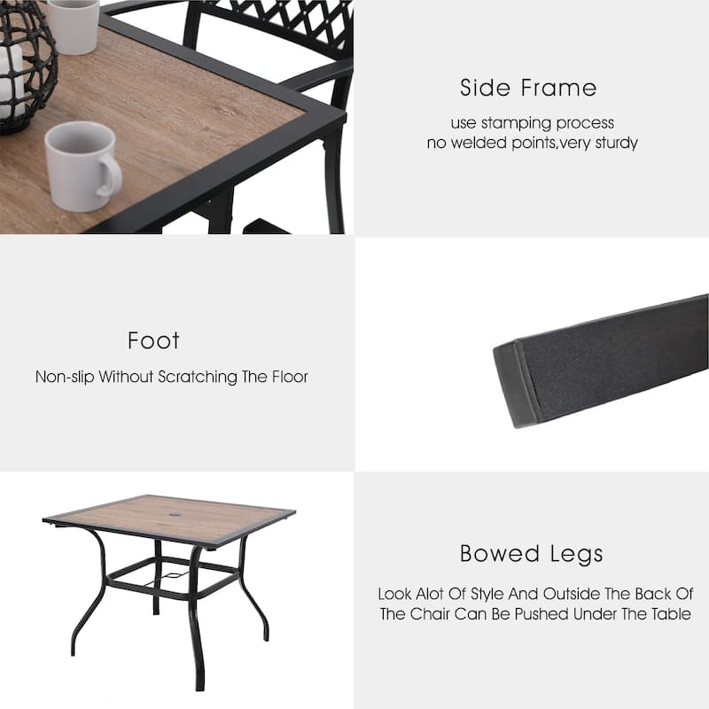 MAISON ARTS Wood-look Table and 4 Pattern Swivel Chairs with Cushion 5-Piece Metal Outdoor Patio Dining Set