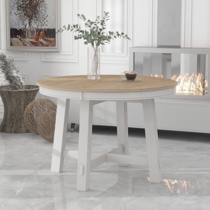 Farmhouse Round Extendable Dining Table with 16" Leaf Wood - Oak/White