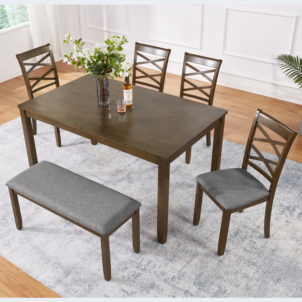 Elegant 6 Piece Wooden Dining Table Set with 4 X Backrest Upholstered Chairs & Bench for 6 People, for Dining Room, Kitchen
