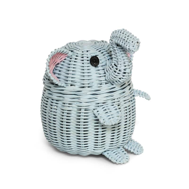 Blue Elephant Rattan Storage Basket With Lid Hand Woven Shelf Organizer Cute Handmade Gift Wicker