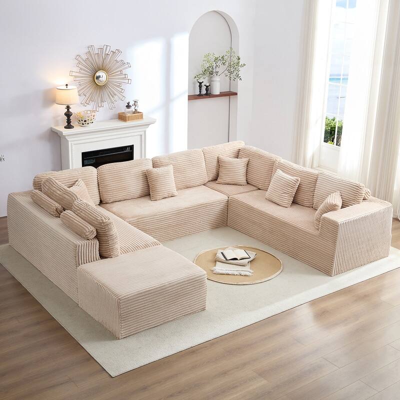 Mixoy 136"U-Shaped Modular Corduroy Sectional Sofa,7-Seater Deep Seats Sofa with Movable Ottoman - U-Shaped - Beige - Symmetrical