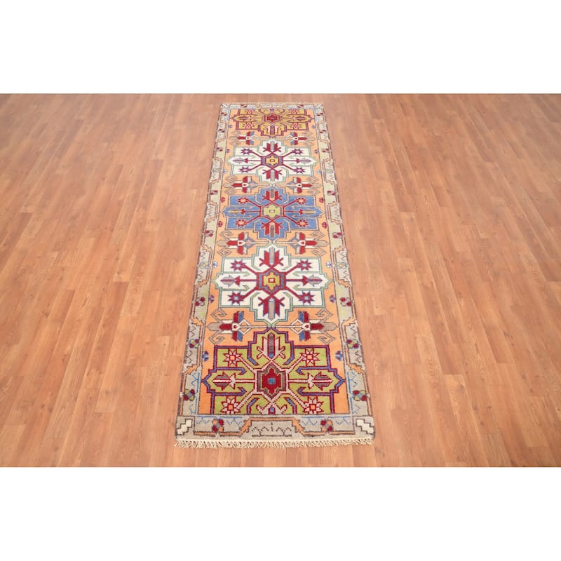 Hand Knotted Oriental 100% Wool Carpet Traditional Geometric Oranges & Rust Kazak Runner Rug - 8' 0'' X 2' 6''