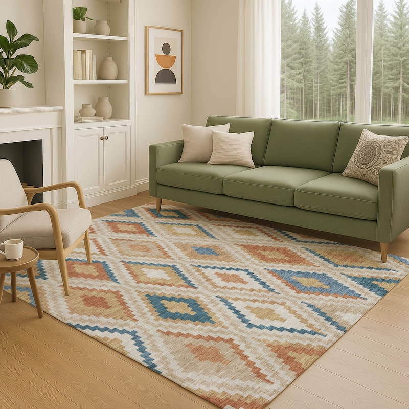 Machine Washable Indoor/ Outdoor Global Geo Chantille Rug