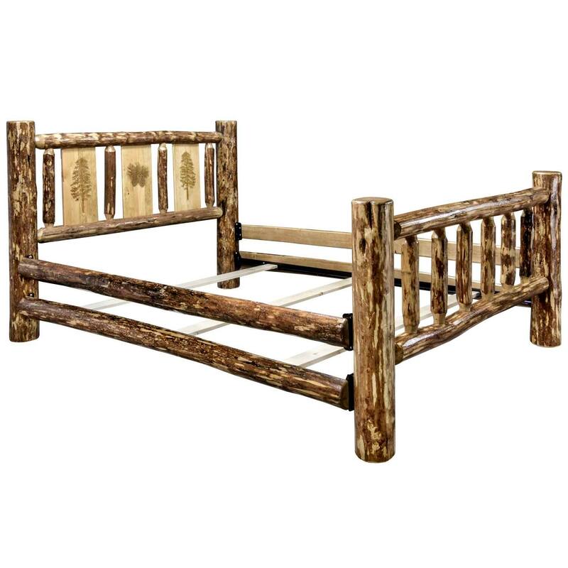 King Bed Rustic Design - Laser Engraved Pine Tree - Solid Wood Frame - Stain & Lacquer Finish - HomeStock