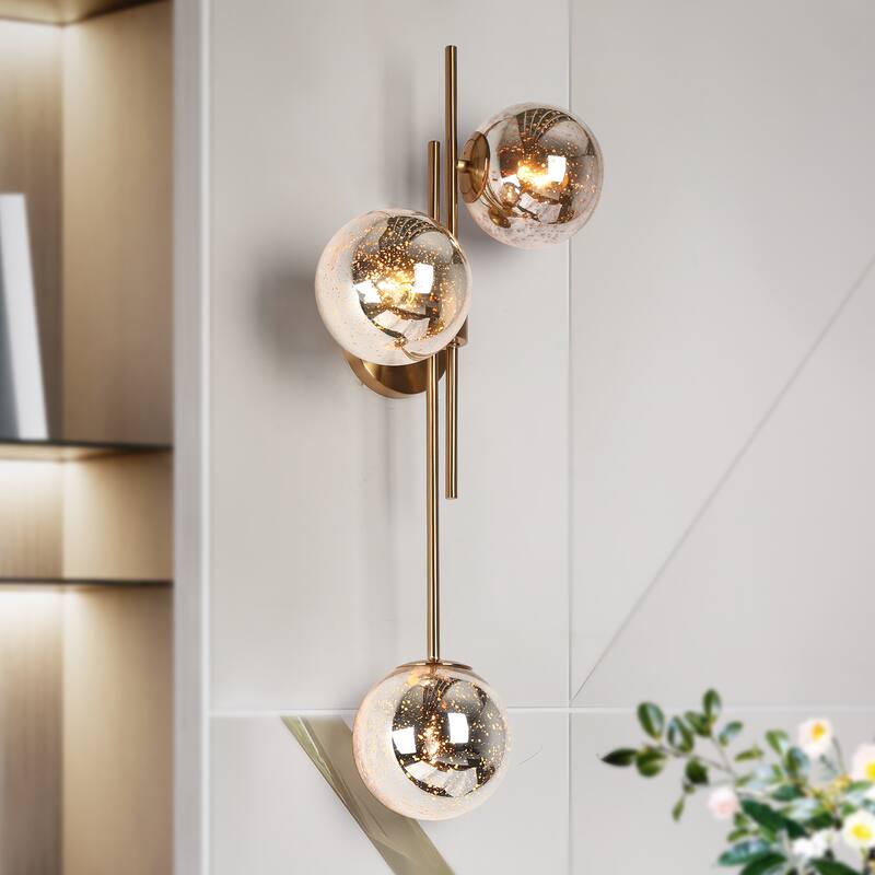 Bela Modern Glam Gold 3-Light Chandelier Wall Sconce Orb Mercury Glass Vanity Light - W12" x H30"