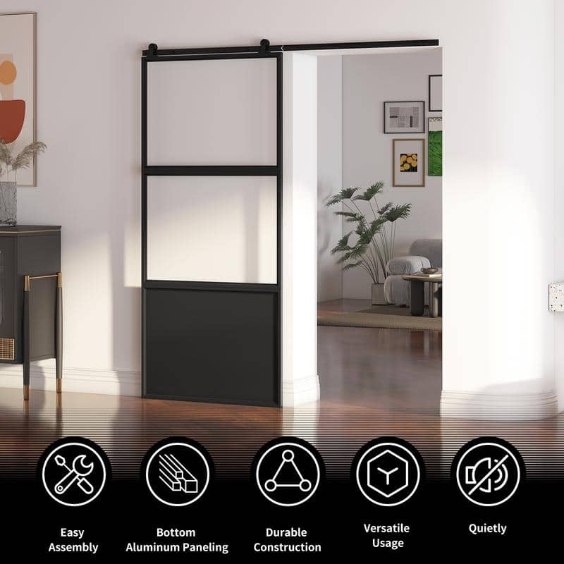Mixoy Glass Sliding Barn Door and Hardware Included-Clear Tempered Glass with Bottom Aluminum Plate&Frame,Pre-Drilled,Soft Close