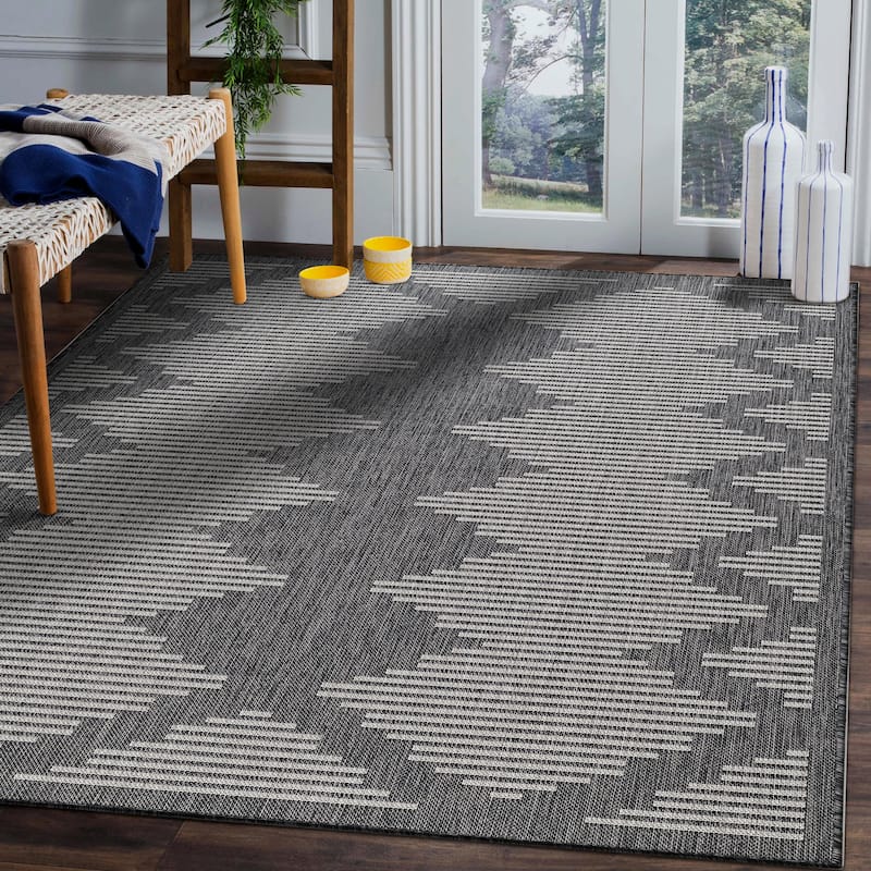 Beverly Rug Dark Grey Geometric Indoor Outdoor Rug, Outside Carpet for Patio, Deck, Porch