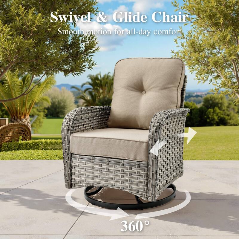 OVIOS 9 Pieces Swivel Chair Set Wide Arm T shaped Seat With Solar-Powered Coffee Table