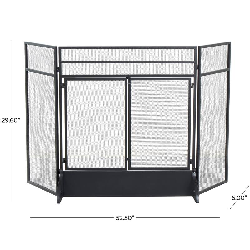 Black Metal Minimalistic 3 Panel 2 Door Geometric Fireplace Screen with Mesh Backing