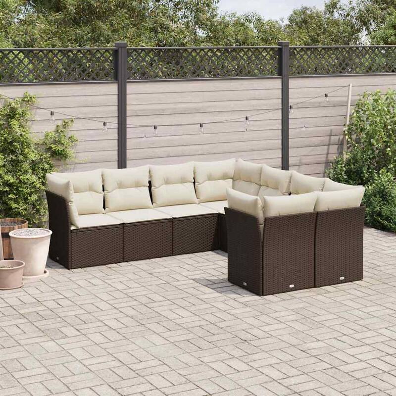 vidaXL Patio Sofa Set with Cushions Outdoor Furniture 8 Piece Poly Rattan - 24.4 x 24.4 x 27.2 - Brown and cream
