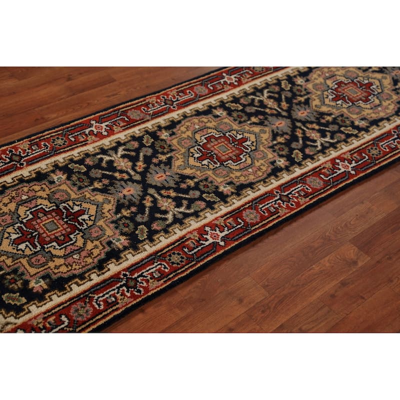Dark Navy Blue Heriz Serapi Indian Runner Rug Handmade Wool Carpet - 2'3"x 8'3"