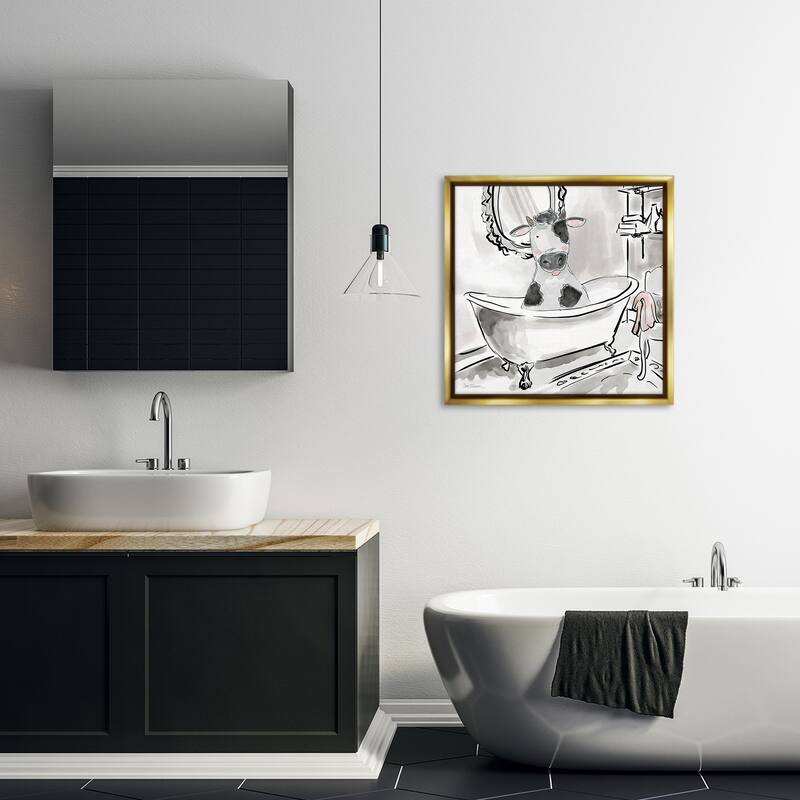 Stupell Minimal Bathtub Cow Framed Floater Canvas Wall Art Design By Carol Robinson