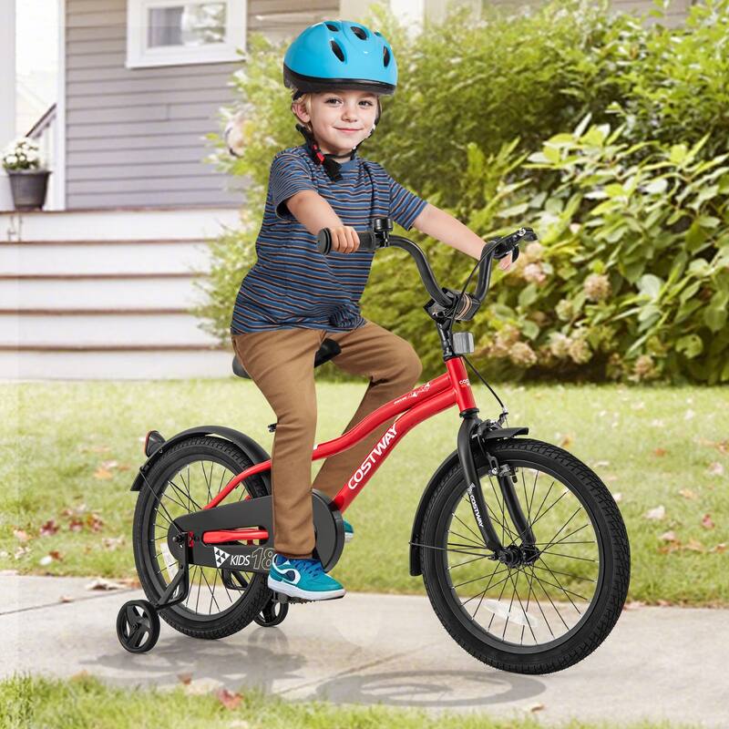 Red Metal Frame Kids Bike with Rubber Tires and Training Wheels Adjustable Handlebar Dual Brakes - 18-Inch