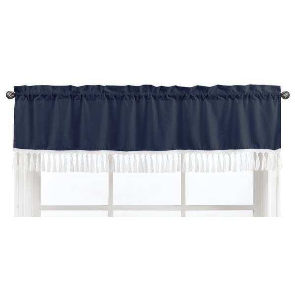 slide 2 of 6, Navy Boho Bohemian Window Curtain Valance - Solid Color Blue and White Farmhouse Chic Minimalist Tassel Fringe Macrame