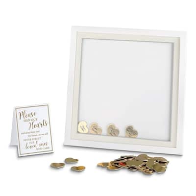 Curata Lillian Rose White Guest Book Alternative Shadow Box Frame with 48 Gold Signing Hearts