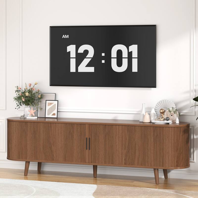 Gymojoy 71" Mid-Century Modern TV Stand, Walnut Media Console with Sliding Doors, Entertainment Center for TVs up to 80".