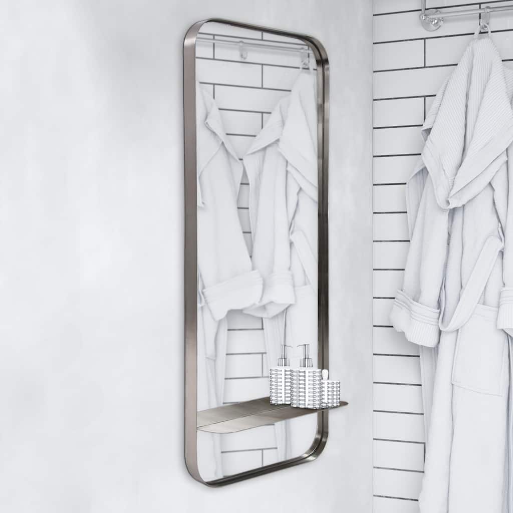 Allan Andrews Rectangular Stainless Steel Framed Wall Mirror with Built In Shelf - 44"H x 20"W