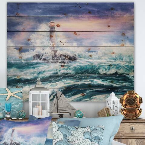 Designart 'Lighthouse Wild Blue Ocean Waves' Nautical & Coastal Print on Natural Pine Wood