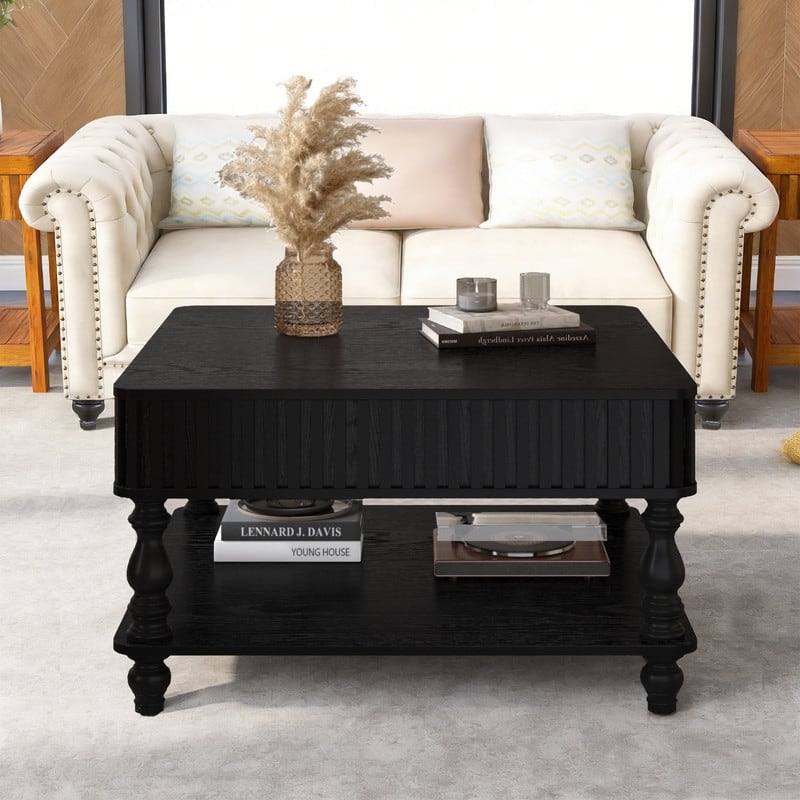 Fluted 31.5" Square Lift-Top Coffee Table with Hydraulic Mechanism for Hidden and Open Storage Solutions