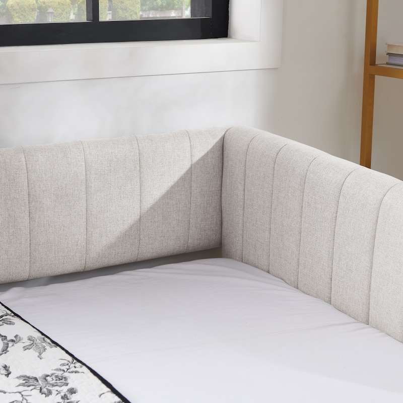 Upholstered Daybed, Linen Fabric Sofa Bed Frame with Trundle Bed