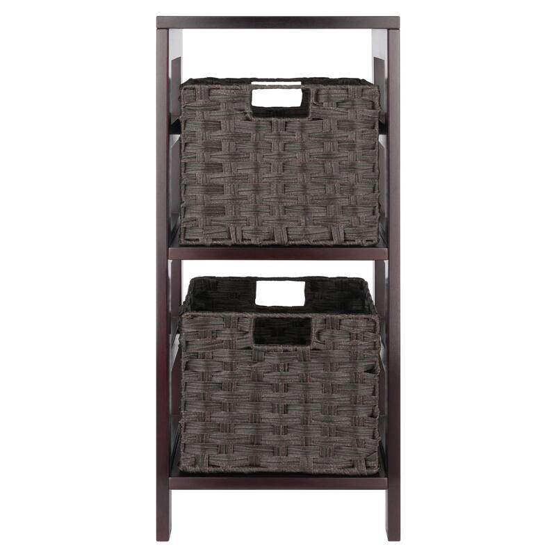 Leo 3-Pc Storage Shelf with 2 Foldable Woven Baskets, Espresso and Chocolate - 13.39 x 11.22 x 29.21 inches