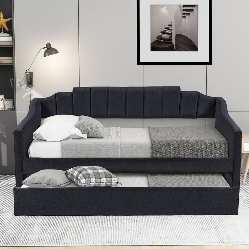 Twin Daybed with Wheeled Trundle, Upholstered Frame, 400lb Capacity