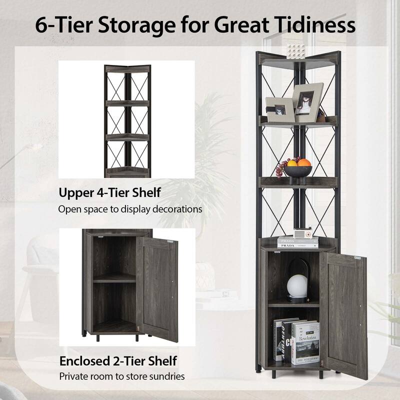 Costway 6-Tier Corner Bookshelf with 5-Level Adjustable Shelf & - 19'' x 12.5'' x 71'' (L x W x H)
