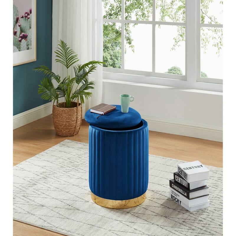 Navy Blue Velvet Channel-Tufted Round Storage Ottoman With Gold Base