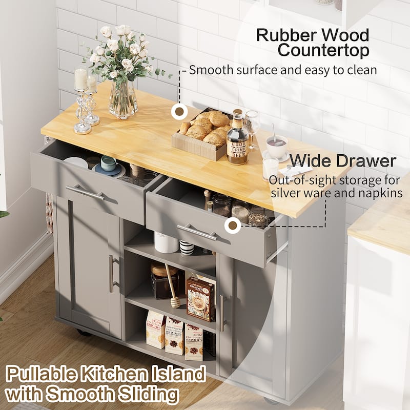 Rolling Kitchen Island with Storage Cabinet & Drawers - Rubber Wood Top for Dining & Kitchen Storage