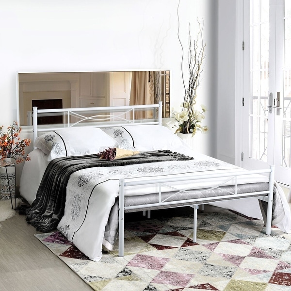 Queen size Metal Bed Frame Platform Mattress Foundation with Headboard (Black & White). Opens flyout.